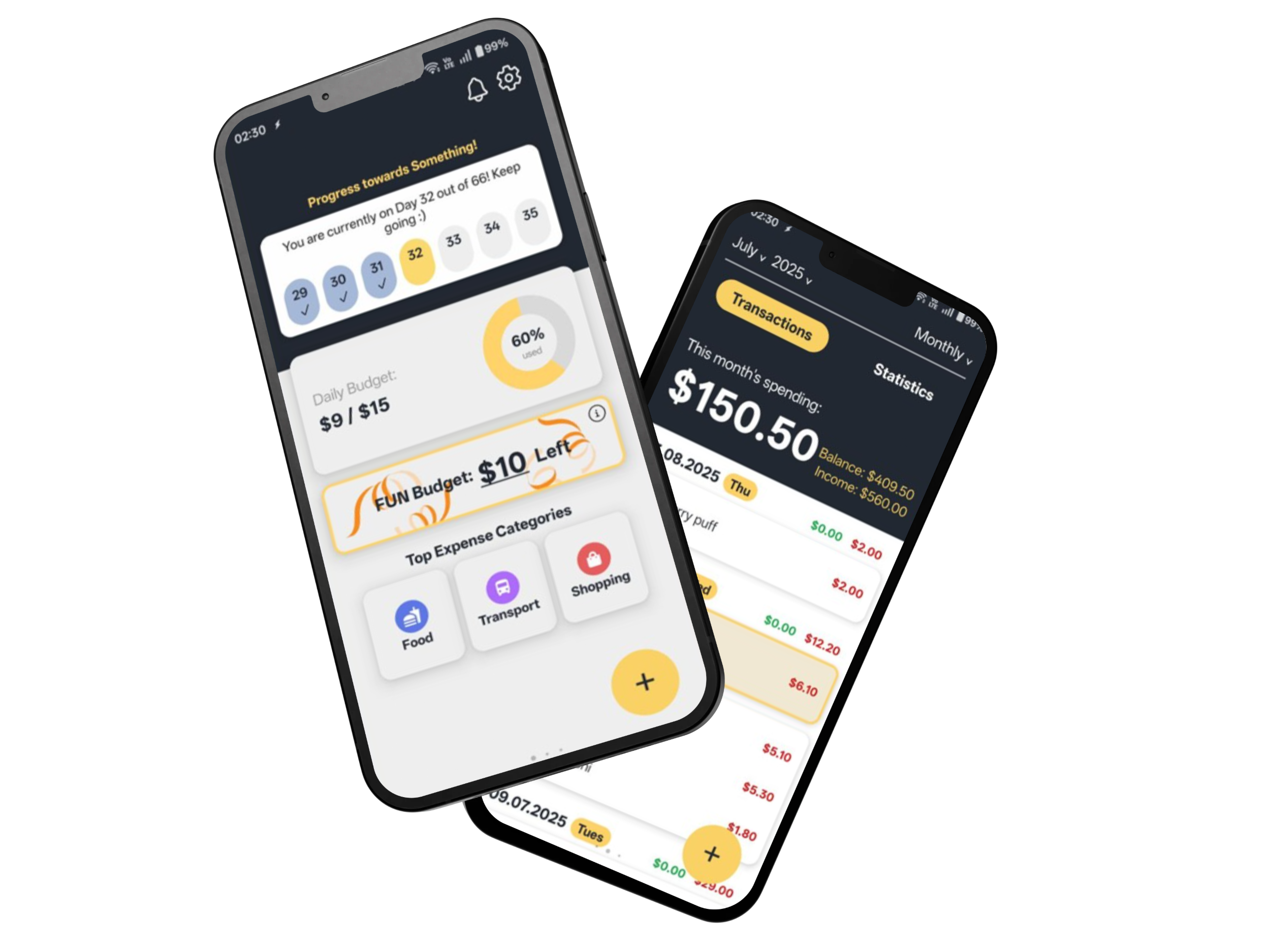 66 Days budgeting app shown on two phones